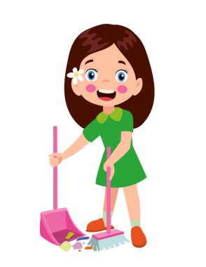 Süpürge ve kürekle temizlik yapan sevimli küçük çocuk.