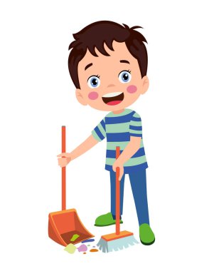 Süpürge ve kürekle temizlik yapan sevimli küçük çocuk.