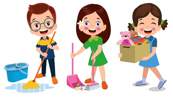 Vector Cartoon Enfants Nettoyage Maison Ensemble Enfants Dans Diverses Positions — Image vectorielle