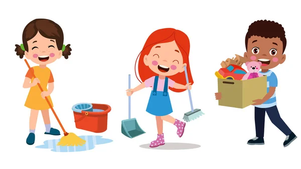 Vector Cartoon Enfants Nettoyage Maison Ensemble Enfants Dans Diverses Positions — Image vectorielle