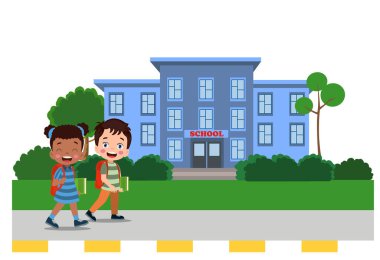 Güzel öğrenciler çantalarıyla okula yürüyorlar.