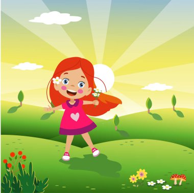 Tarlada çiçekli tatlı kız.