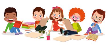 Okul sınıfına ve sevimli mutlu öğrencilere.