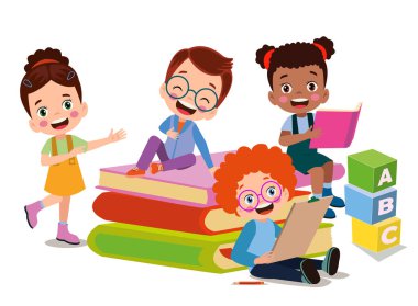 Okul sınıfına ve sevimli mutlu öğrencilere.