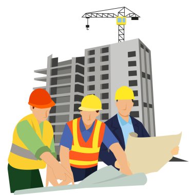 Zeki inşaat mühendisi dışarıda planlarla araştırma yapıyor ve bina kenarında çalışıyor. mühendislik ve mimari kavramı.