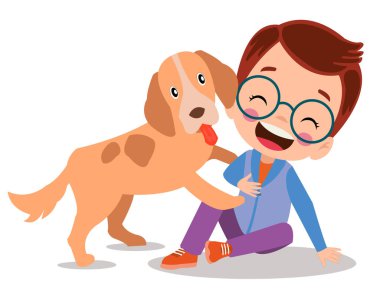 Mutlu küçük çocuk köpekle oynuyor.