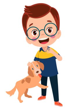 Mutlu küçük çocuk köpekle oynuyor.