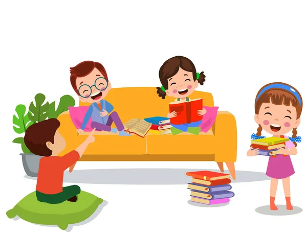 Dzieci Siedzące Kanapie Czytające Książkę — Wektor stockowy
