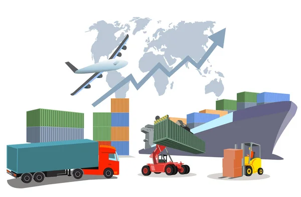 Logistik Och Transport Containerlastbil Hamn För Företag Containerfartyg Och Fraktplan — Stock vektor