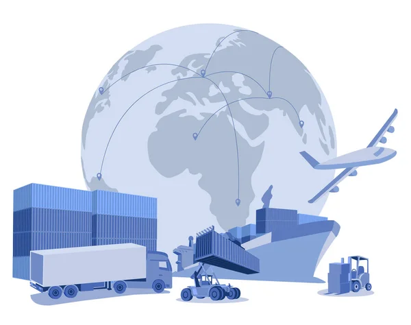 商务集装箱船和货机集装箱卡车在船舶港口的物流和运输 起重桥在船厂的起重 物流进出口和运输 — 图库矢量图片