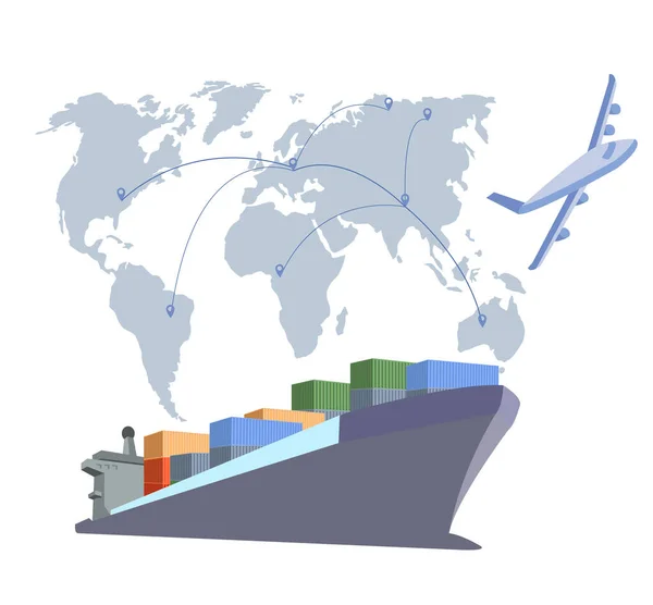 ビジネスのための船舶ポートでのコンテナトラックの物流と出荷日の出に造船所で働くクレーン橋とコンテナ貨物船と貨物平面 物流のインポートと出荷 — ストックベクタ