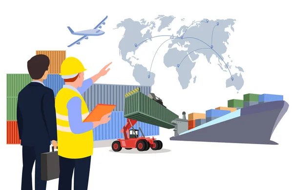 Logistik Och Transport Containerlastbil Hamn För Företag Containerfartyg Och Fraktplan — Stock vektor