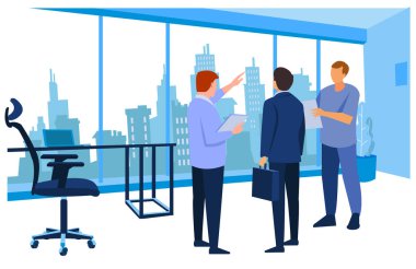 Ofisteki insanlar takım çalışması konsepti. İletişim ve beyin fırtınası. Renkli düz resimleme.