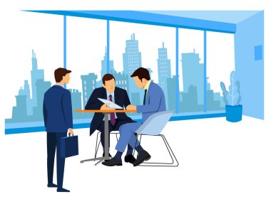 Ofisteki insanlar takım çalışması konsepti. İletişim ve beyin fırtınası. Renkli düz resimleme.