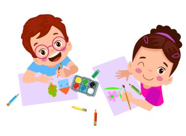 kids cutting colored paper with scissors and painting