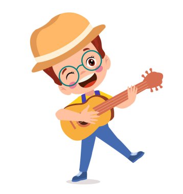 Little boy with guitar. Boy playing guitar. Child playing musical instrument