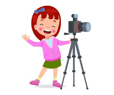 Akıllı telefon ve kamera vektör çizimi kullanarak fotoğraf çeken sevimli çocuklar.
