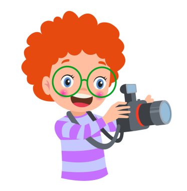 Akıllı telefon ve kamera vektör çizimi kullanarak fotoğraf çeken sevimli çocuklar.