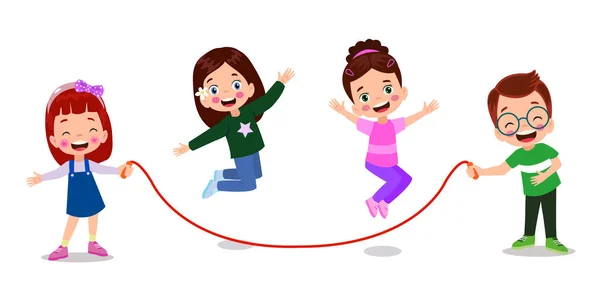 Χαριτωμένα Και Χαρούμενα Παιδιά Πηδούν Σχοινί — Διανυσματικό Αρχείο