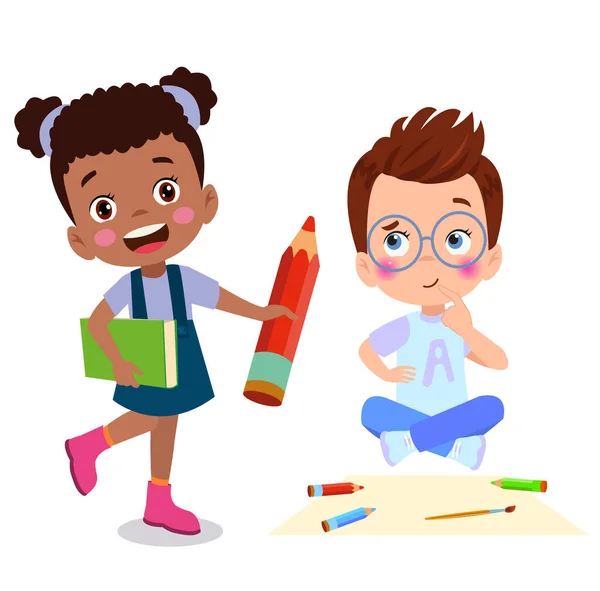 Ein Mädchen Und Ein Junge Mit Bleistift — Stockvektor