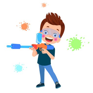 Oyuncak tabancayla oynayan tatlı çocuk.