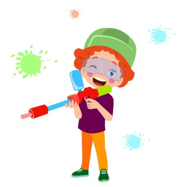 Oyuncak tabancayla oynayan tatlı çocuk.