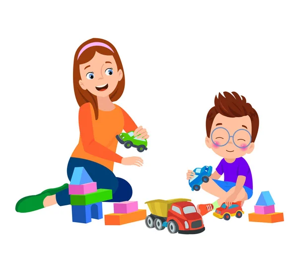 一个男孩和一个母亲玩玩具 — 图库矢量图片