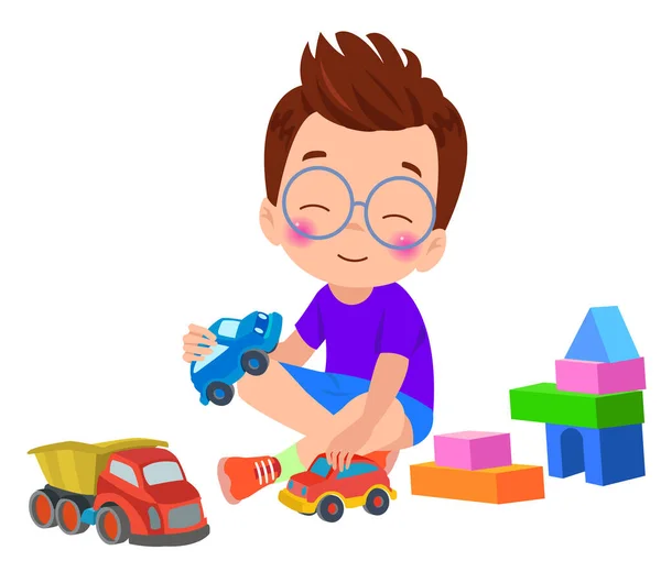 Мальчик Играет Игрушечными Машинами Домом Блоков — стоковый вектор
