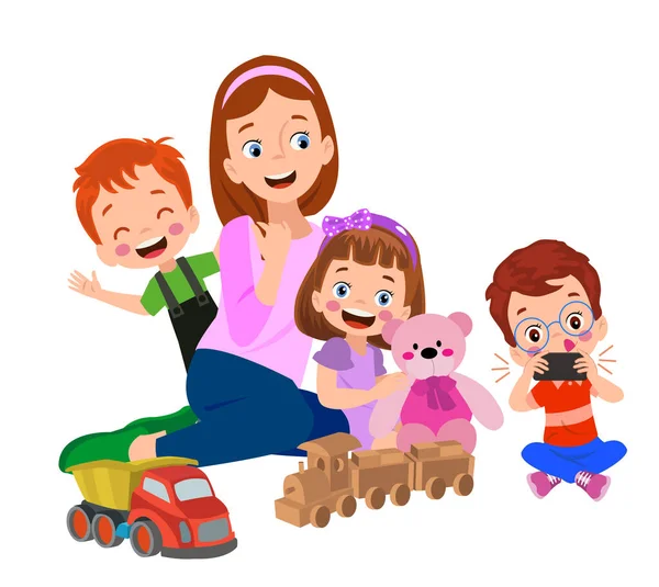 Een Moeder Kinderen Spelen Met Speelgoed Een Speelgoedauto — Stockvector