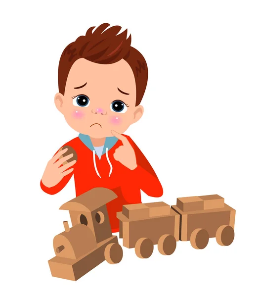 Beyaz Arka Planda Ahşap Tren Vagonları Olan Üzgün Çocuk — Stok Vektör