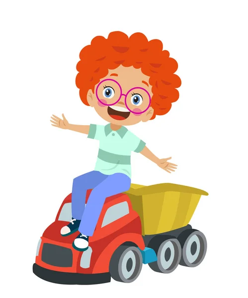 Junge Mit Roten Haaren Und Brille Sitzt Auf Einem Spielzeugwagen — Stockvektor
