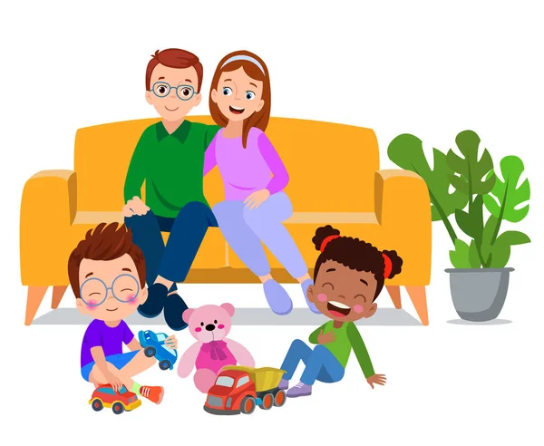 おもちゃや猫と一緒に床に座っている家族 — ストックベクタ