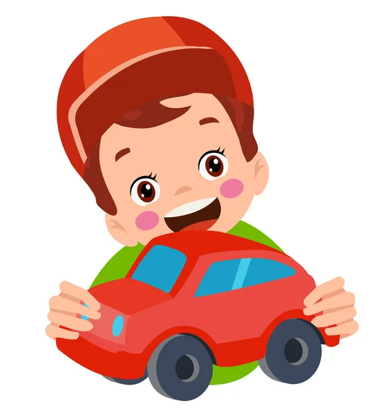 おもちゃの車と赤いおもちゃの車を持っている少年 — ストックベクタ