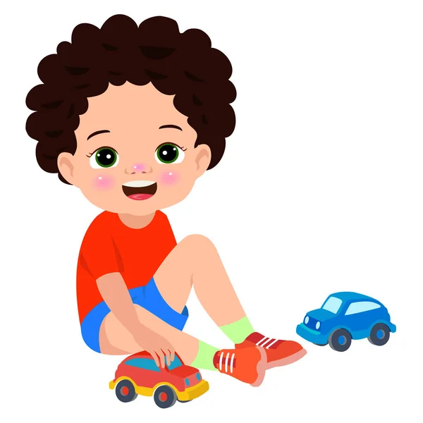 白い背景の上のおもちゃの車で遊んで小さな男の子 — ストックベクタ