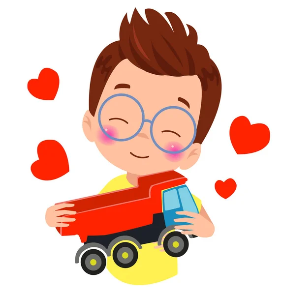 Ein Junge Mit Brille Hält Einen Spielzeugwagen Mit Herzen Auf — Stockvektor