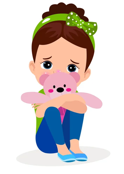 Une Fille Avec Ours Peluche Rose Dans Ses Mains Assoit — Image vectorielle