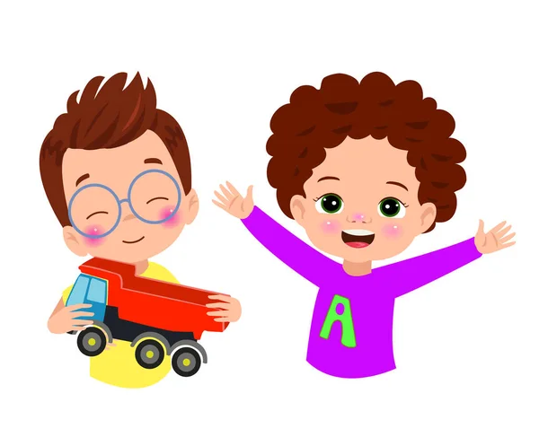 Deux Petits Garçons Jouant Avec Camion Rouge — Image vectorielle