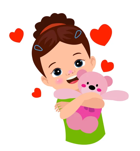 Girl Holding Pink Teddy Bear Red Hearts Her Head — Stock Vector