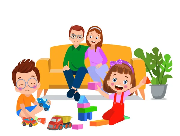 Rodzina Bawiąca Się Zabawkami Salonie — Wektor stockowy