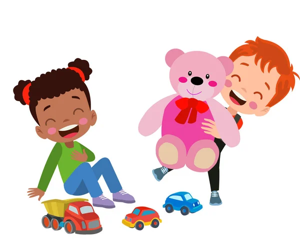男の子と女の子遊びますおもちゃの車と一人の女の子あります遊びますともにピンクテディベア — ストックベクタ