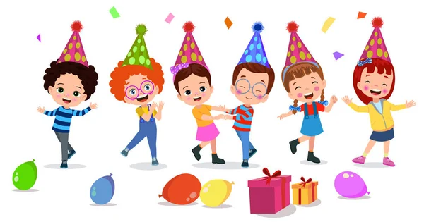 Desenho Animado Crianças Comemorando Aniversário Com Chapéu Aniversário Presente — Vetor de Stock