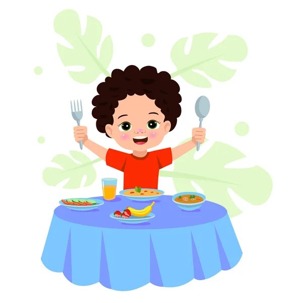 Garçon Mange Repas Avec Une Fourchette Une Cuillère — Image vectorielle