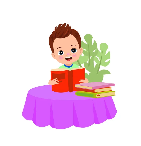 Kleiner Junge Liest Ein Buch Auf Einem Tisch — Stockvektor