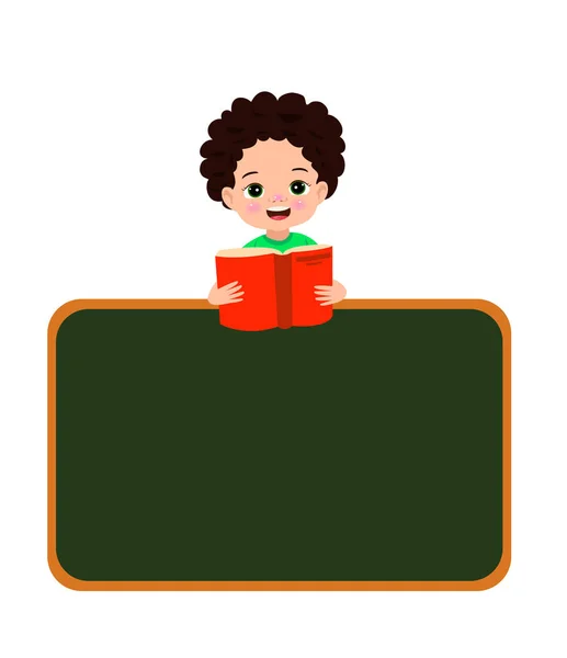 Γελοιογραφία Αγόρι Διαβάζει Ένα Βιβλίο Στον Πίνακα — Διανυσματικό Αρχείο