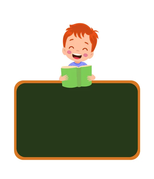 Γελοιογραφία Αγόρι Διαβάζει Ένα Βιβλίο Στον Πίνακα — Διανυσματικό Αρχείο