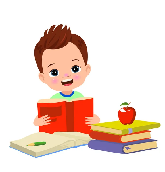 Liten Pojke Läser Bok Med Ett Rött Äpple Bordet — Stock vektor