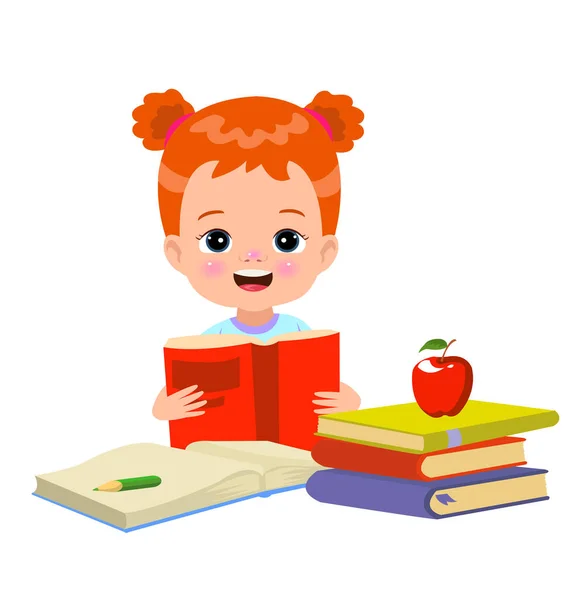 Little Boy Reading Book Red Apple Table — Stock Vector