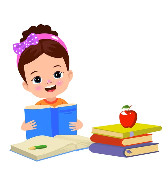 Kleine Jongen Die Een Boek Leest Met Een Rode Appel — Stockvector