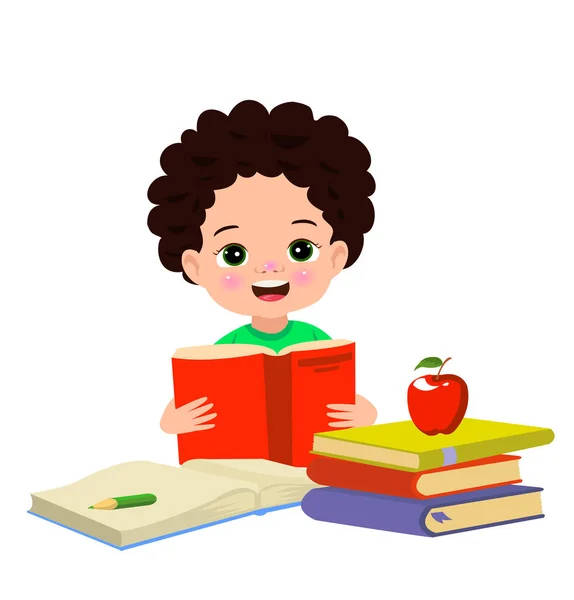 Niño Leyendo Libro Con Una Manzana Roja Sobre Mesa — Archivo Imágenes Vectoriales