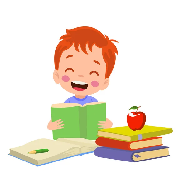 Kleiner Junge Liest Ein Buch Mit Einem Roten Apfel Auf — Stockvektor